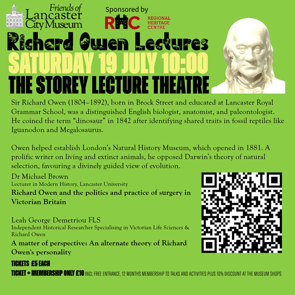 Graphic with photo of a bust of Richard Owen on a green backgroud, and the same info as this page.